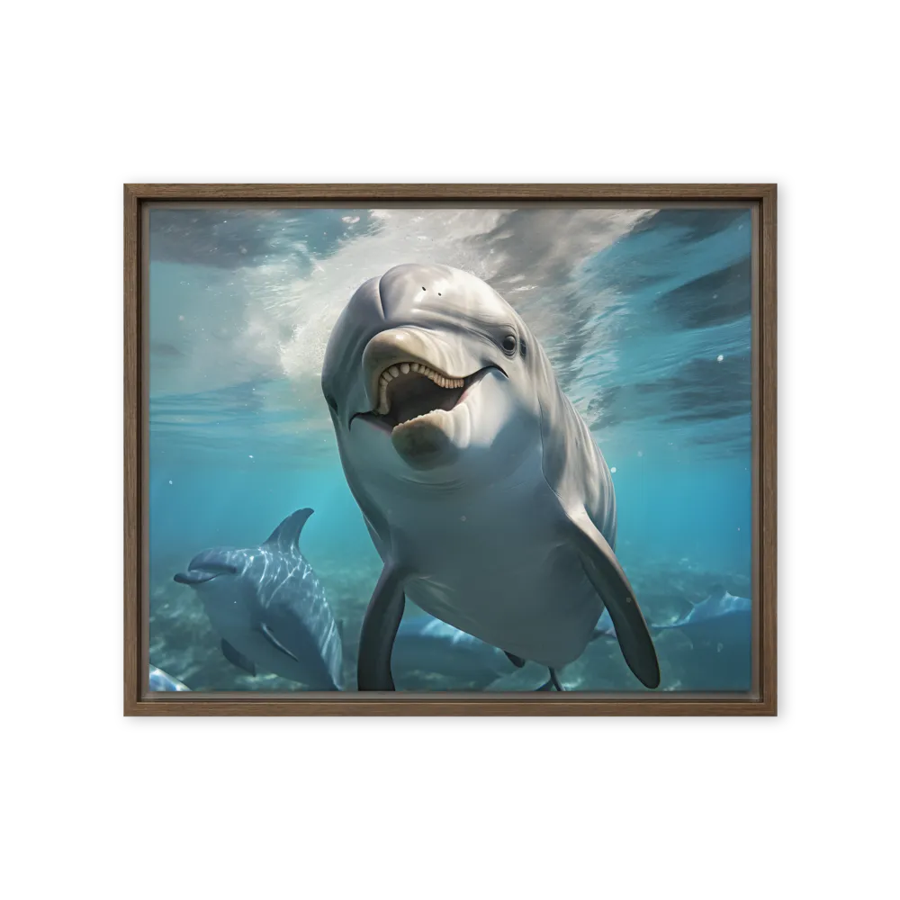 Beneath the Waves: A Dolphin's Dance | Canvas with Brown Frame | 16″×20″