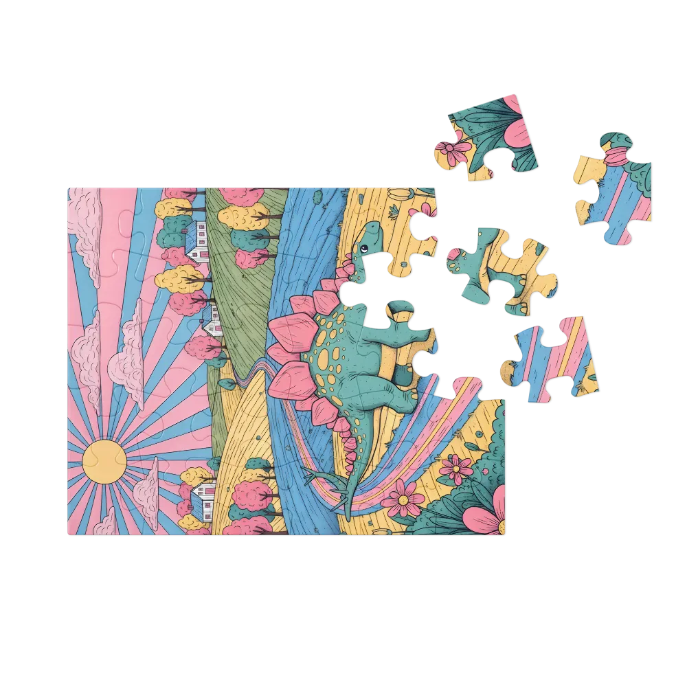 Pastel Meadow Stegosaurus 
 Jigsaw Puzzle in Tin Box