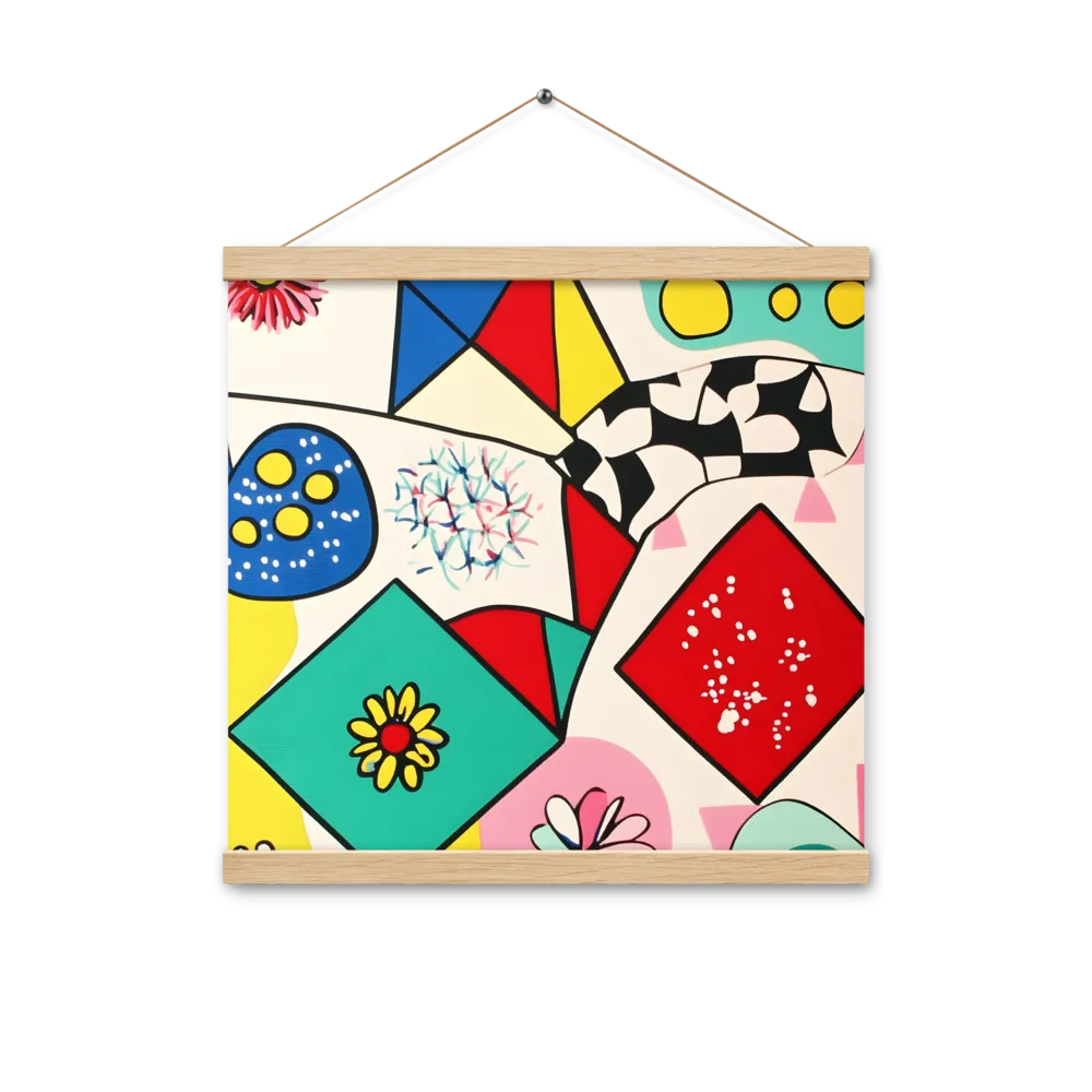Joyful Geometry: A Playful Dance of Shapes and Colors | Poster With Oak Wood Hanger | 16″×16″