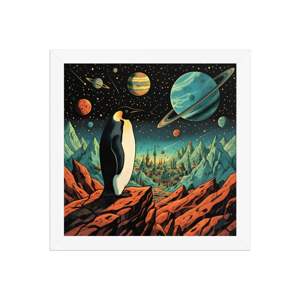 Penguin on an Alien Shore 
 Poster with White Frame | 10″x 10″