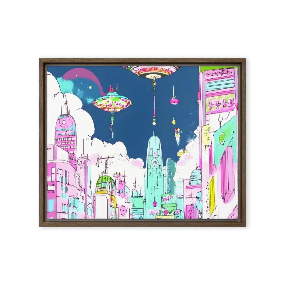 Futuristic Cityscape with Floating Structures | Canvas with Brown Frame | 16″×20″