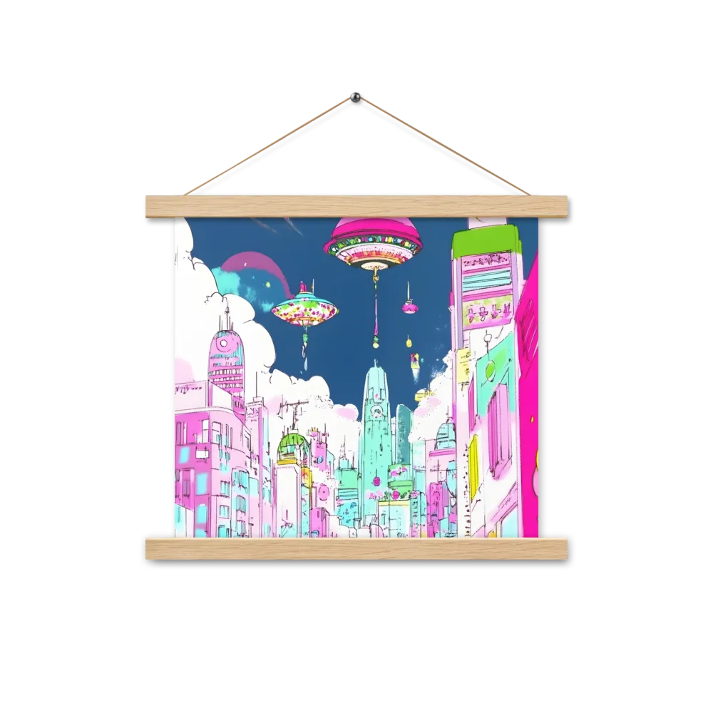 Futuristic Cityscape with Floating Structures | Poster With Oak Wood Hanger | 14″×14″