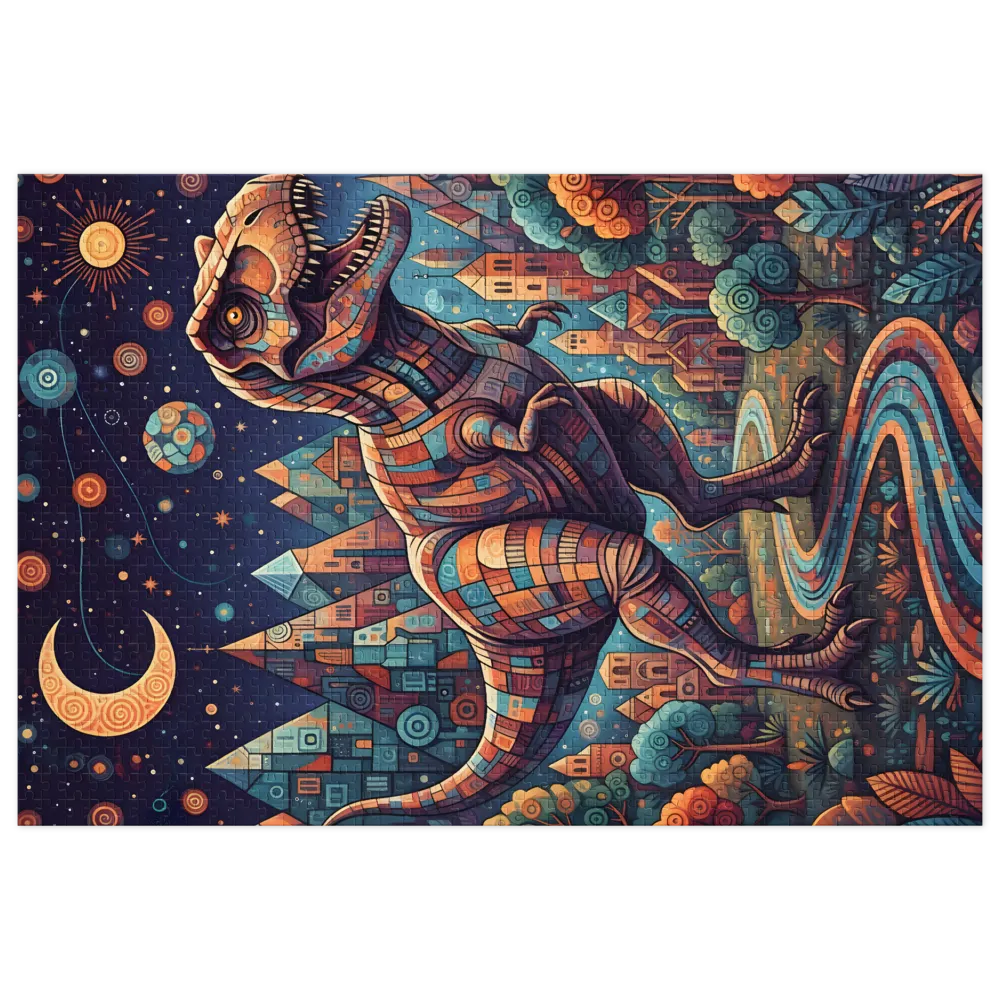 Stained Glass Dinosaur City 
 Jigsaw Puzzle in Tin Box