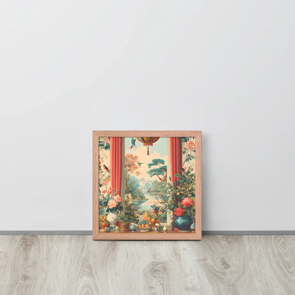 Window to the Garden 
 Poster with Red oak Frame | 12″x 12″