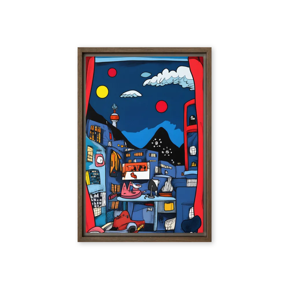 Whimsical Cityscape at Night | Canvas with Brown Frame | 12″×18″