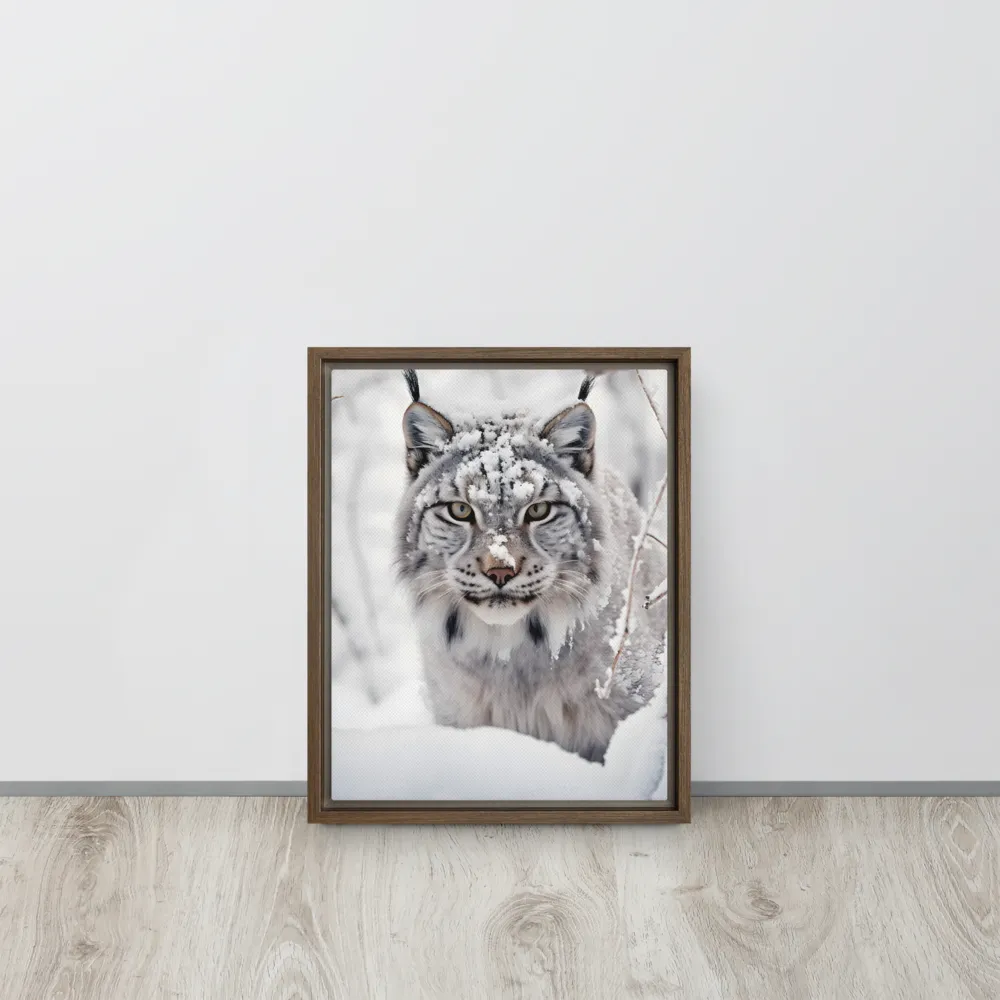 Whispers of Winter: The Lynx in Snow | Canvas with Brown Frame | 11″×14″