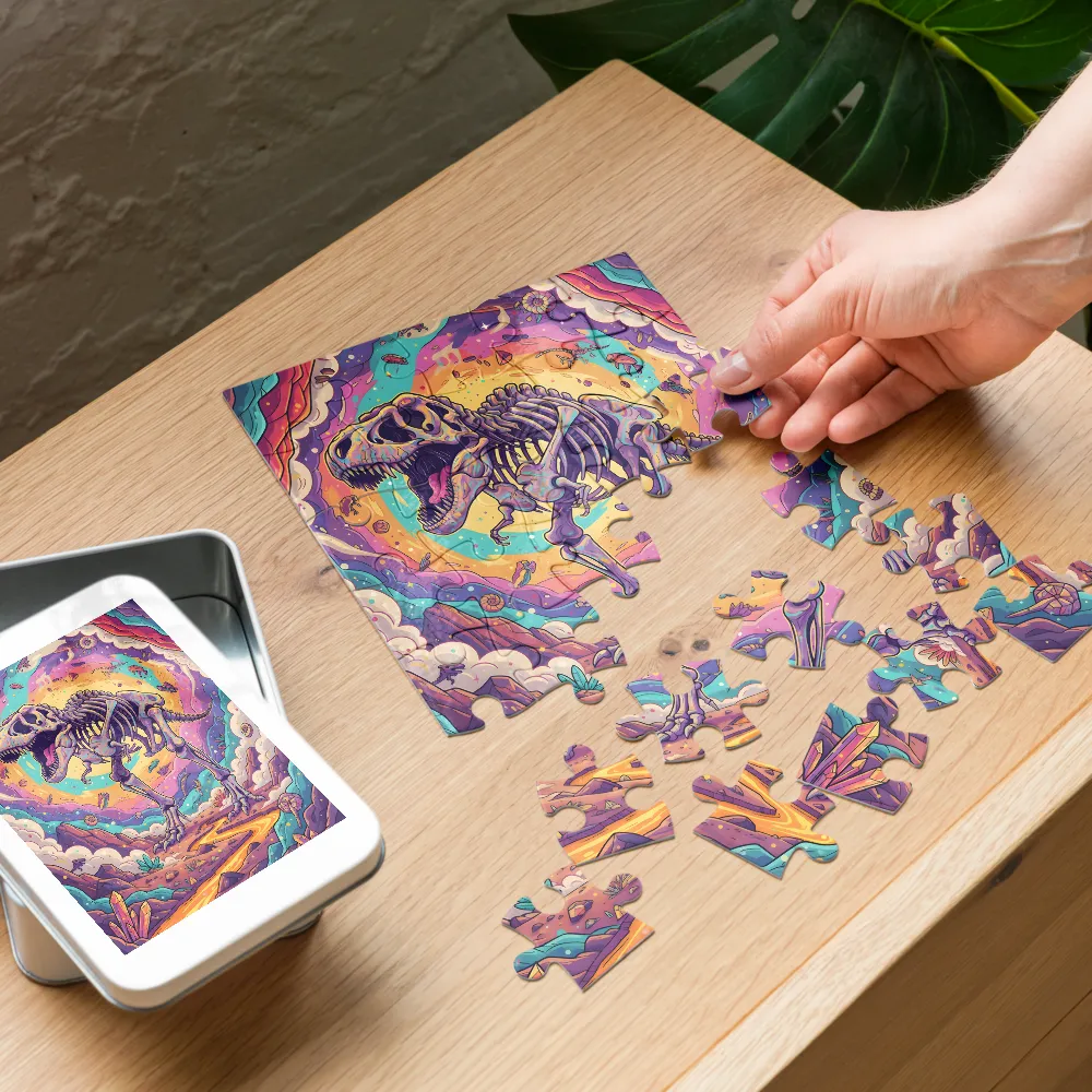 Psychedelic T. rex Skeleton 
 Jigsaw Puzzle in Tin Box