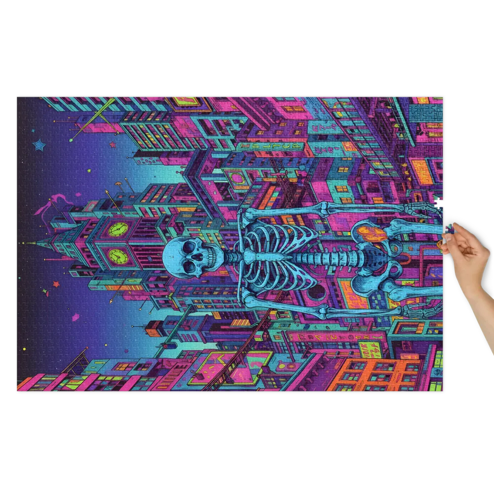 Neon Skeleton Cityscape 
 Jigsaw Puzzle in Tin Box