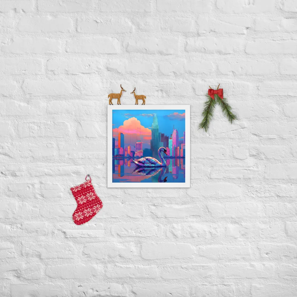 Neon Swan Skyline 
 Poster with White Frame | 14″x 14″