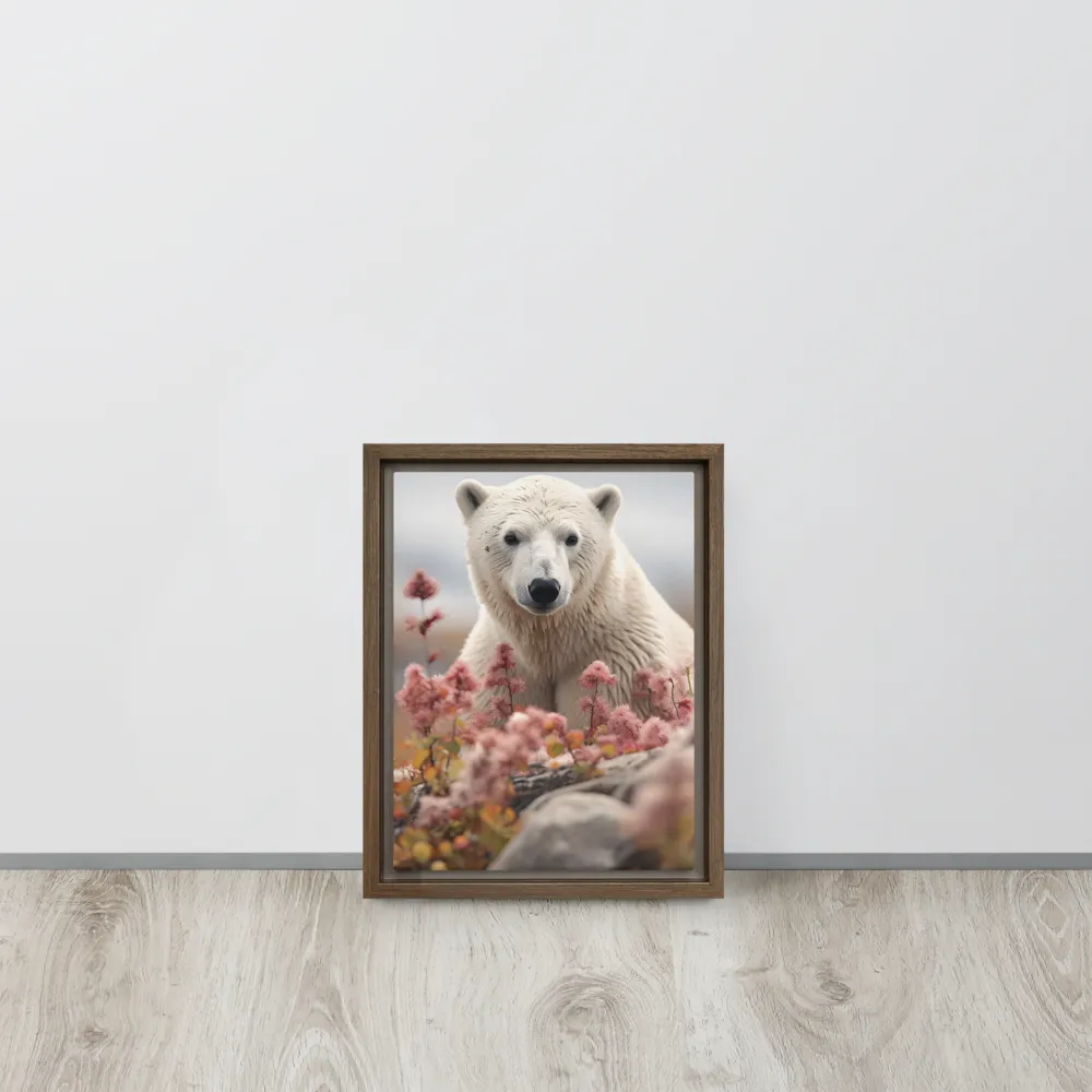Curiosity Among Blooms: The Polar Bear | Canvas with Brown Frame | 9″×12″