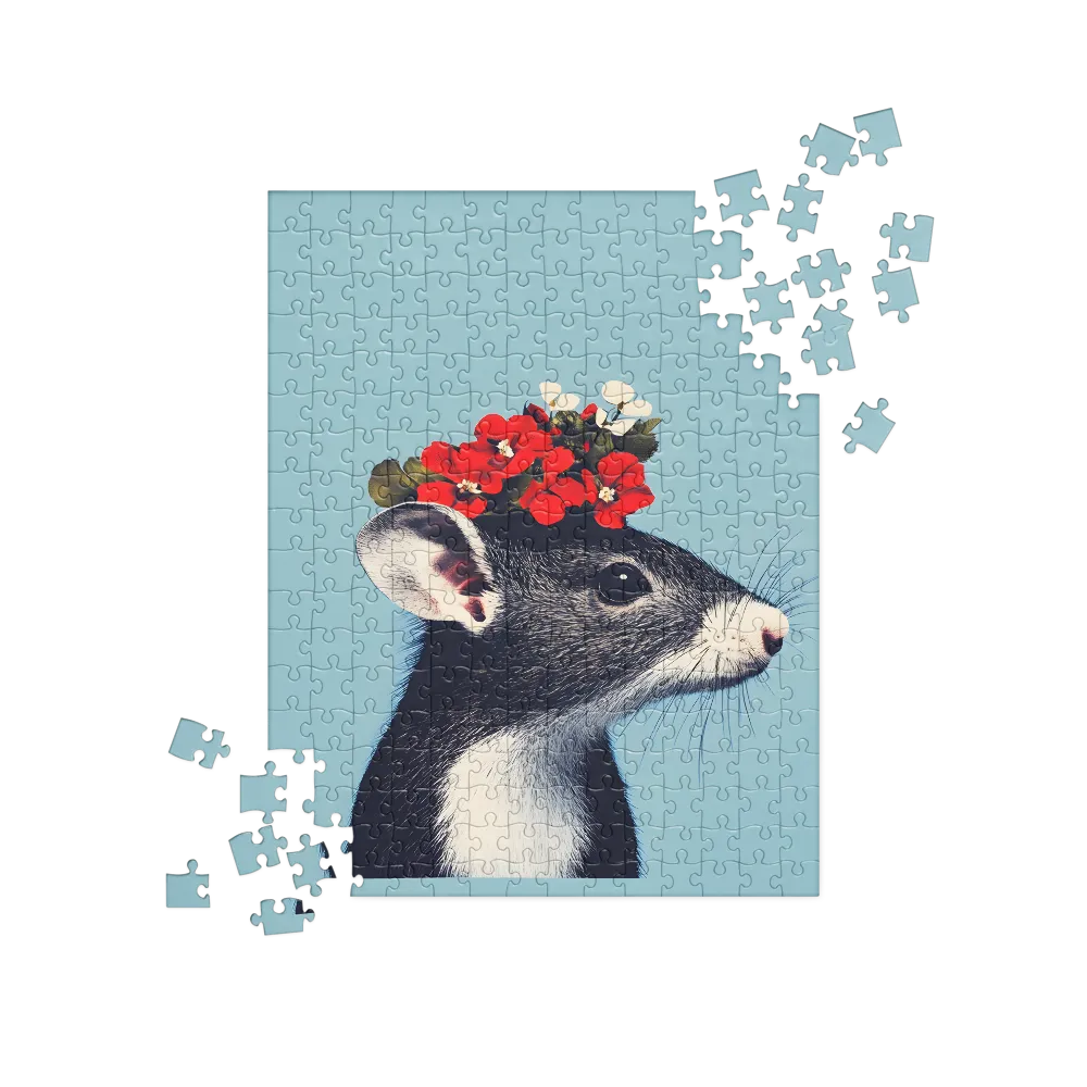 Whimsical Flora: A Mouse's Floral Crown | Jigsaw Puzzle | 252 pieces