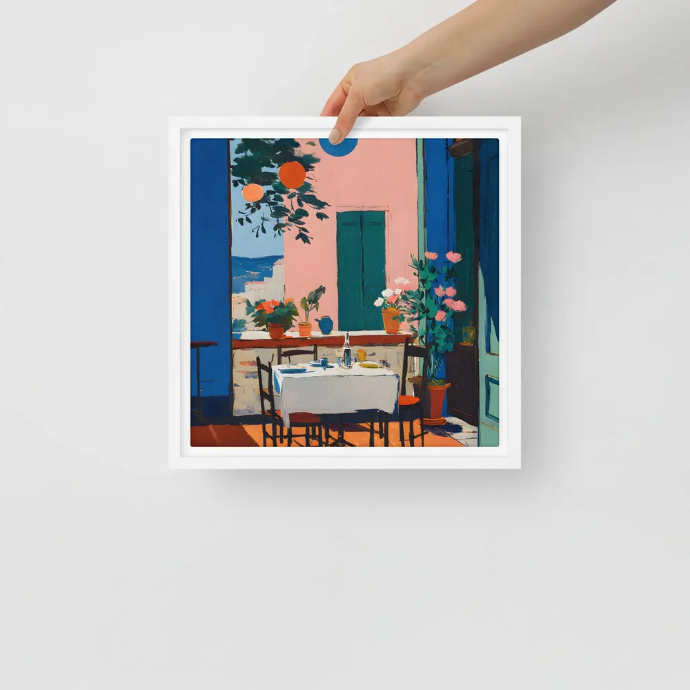 Sunlit Terrace Table 
 Canvas with White Frame | 12″x 12″