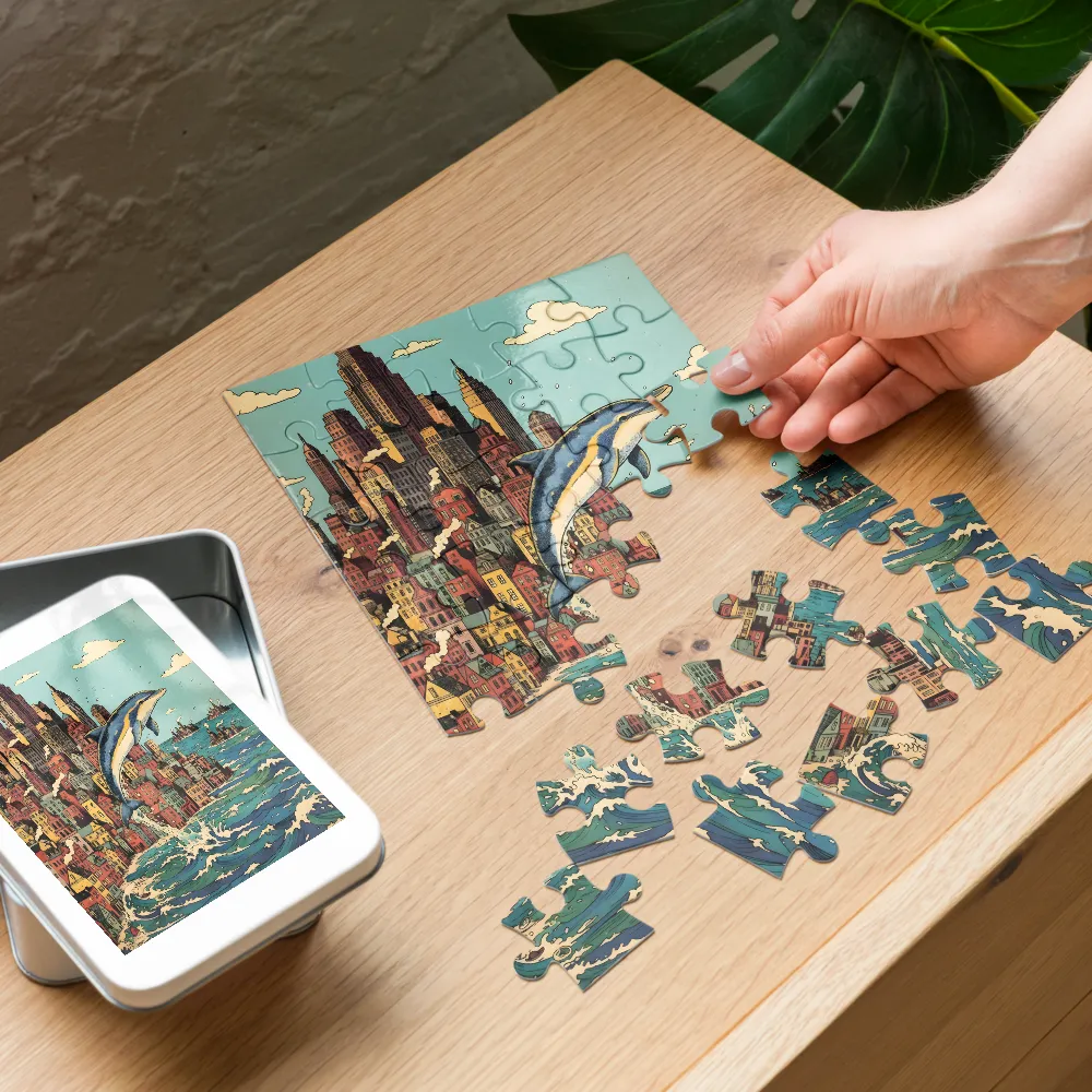 Dolphin Over City 
 Jigsaw Puzzle in Tin Box