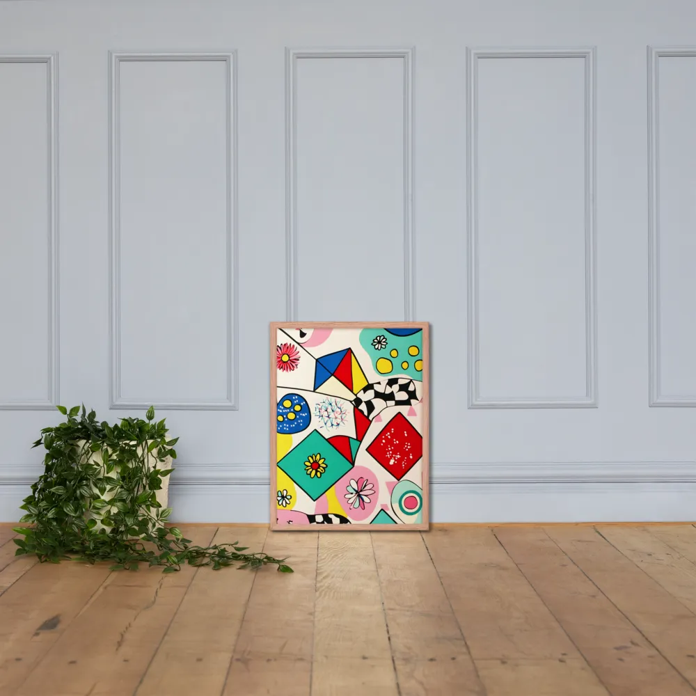 Joyful Geometry: A Playful Dance of Shapes and Colors | Poster with Red oak Frame | 18″×24″