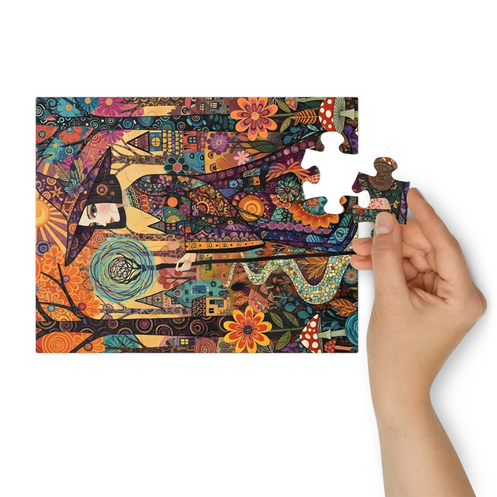 Mosaic Forest Witch 
 Jigsaw Puzzle in Tin Box