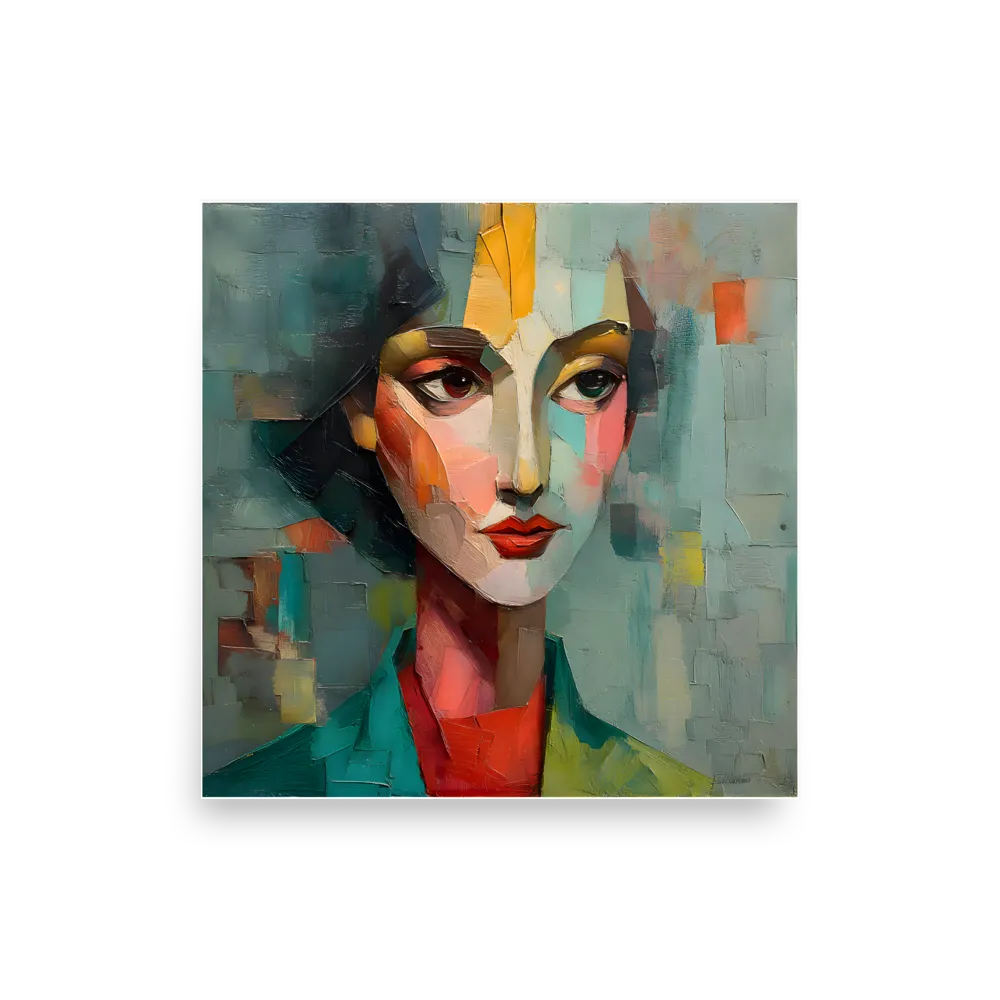 Teal Cubist Portrait 
 Poster | 12″x 12″