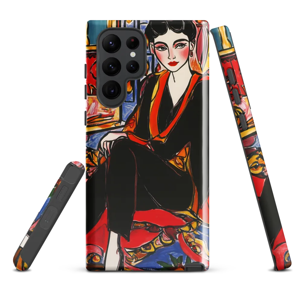 Ornamented Silence — Seated Portrait in Black and Red