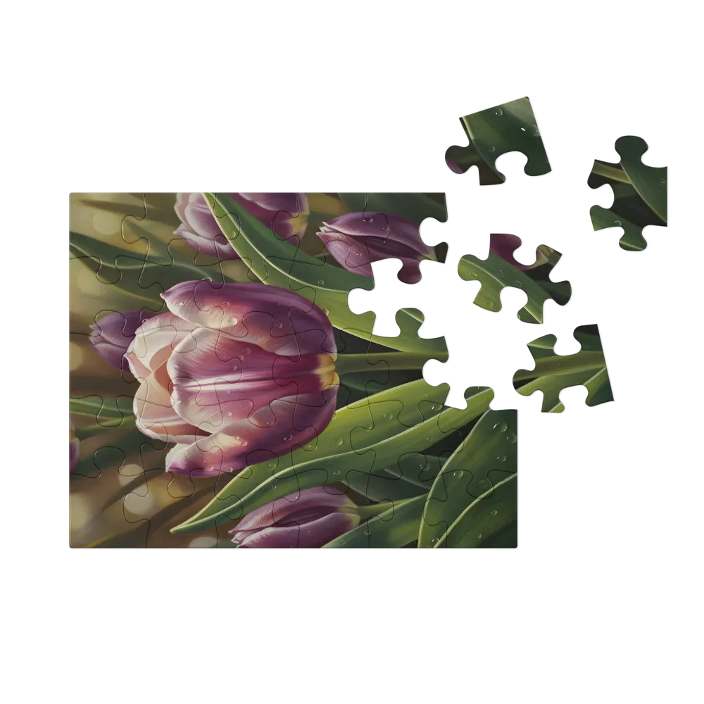 Dewy Purple Tulip 
 Jigsaw Puzzle in Tin Box