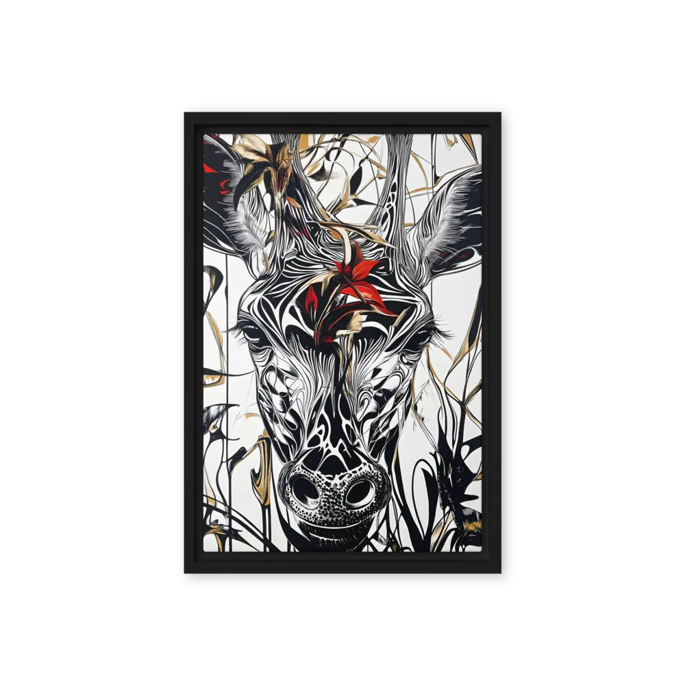 Floral Elegance: The Giraffe's Portrait | Canvas with Black Frame | 12″×18″