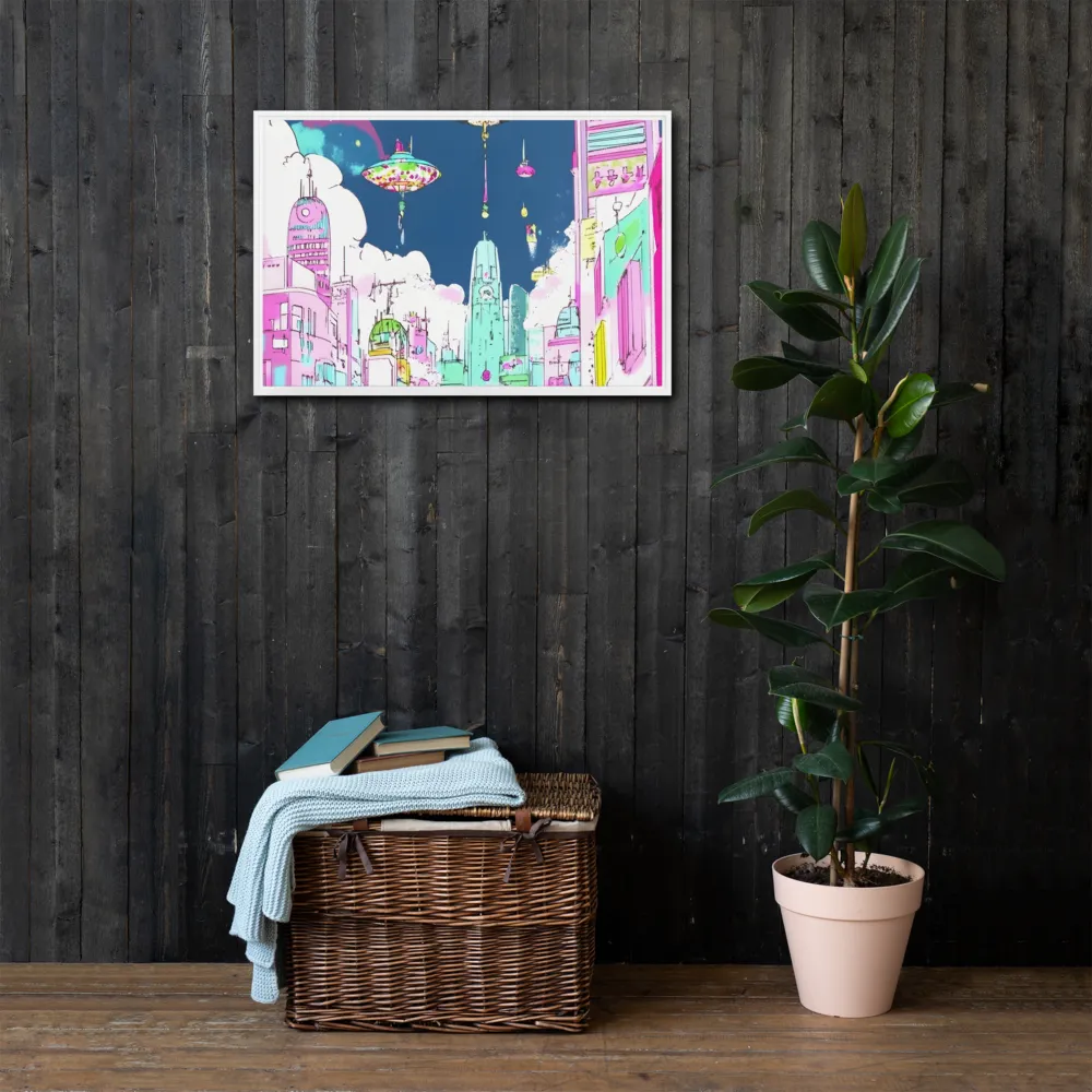 Futuristic Cityscape with Floating Structures | Canvas with White Frame | 20″×30″