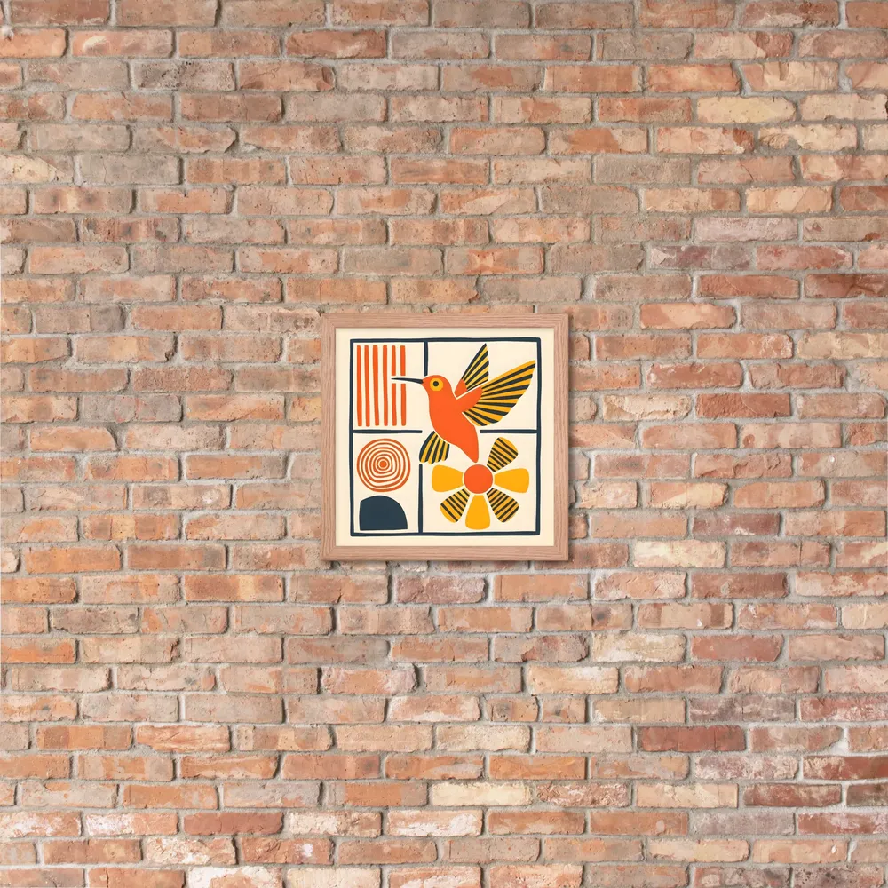 Hummingbird & Flower Panel 
 Poster with Red oak Frame | 14″x 14″