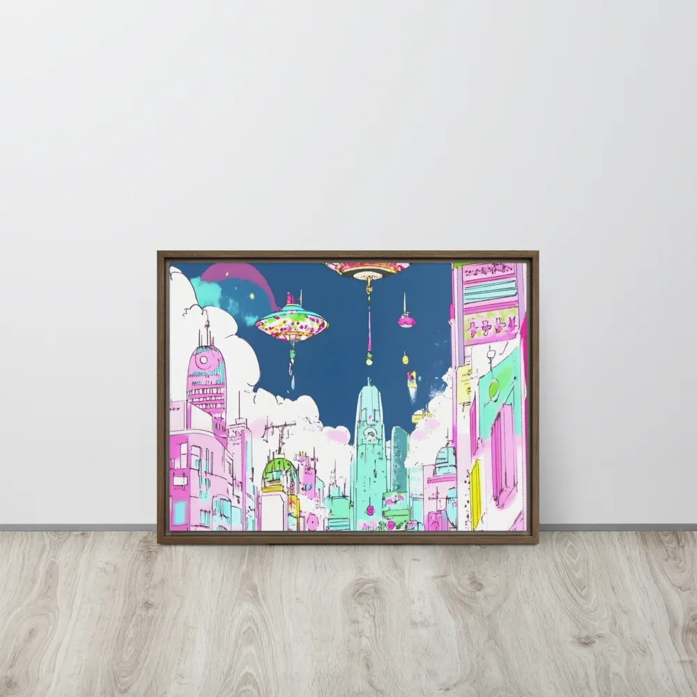 Futuristic Cityscape with Floating Structures | Canvas with Brown Frame | 18″×24″