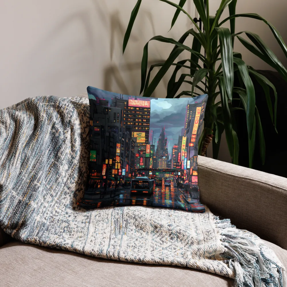 Neon Dreams: A Pixelated Urban Night | Pillow Case | 18″×18″