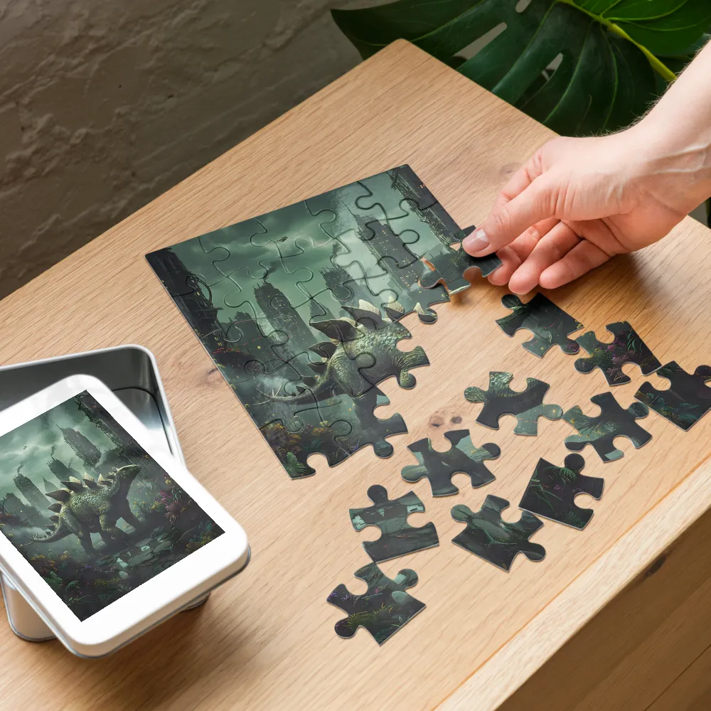 Stegosaurus in the Ruins 
 Jigsaw Puzzle in Tin Box