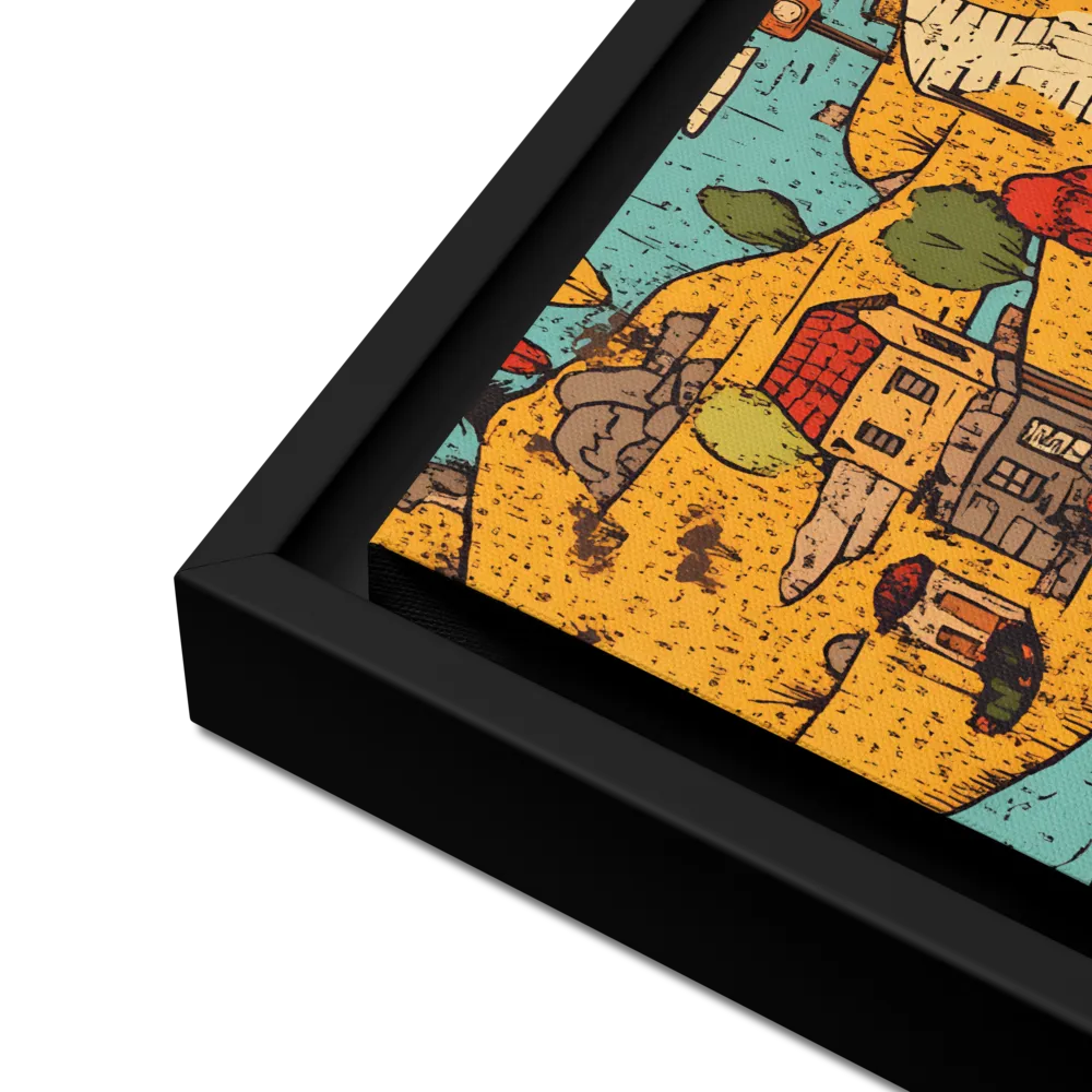 Whimsical Village Landscape | Canvas with Black Frame | 12″×12″