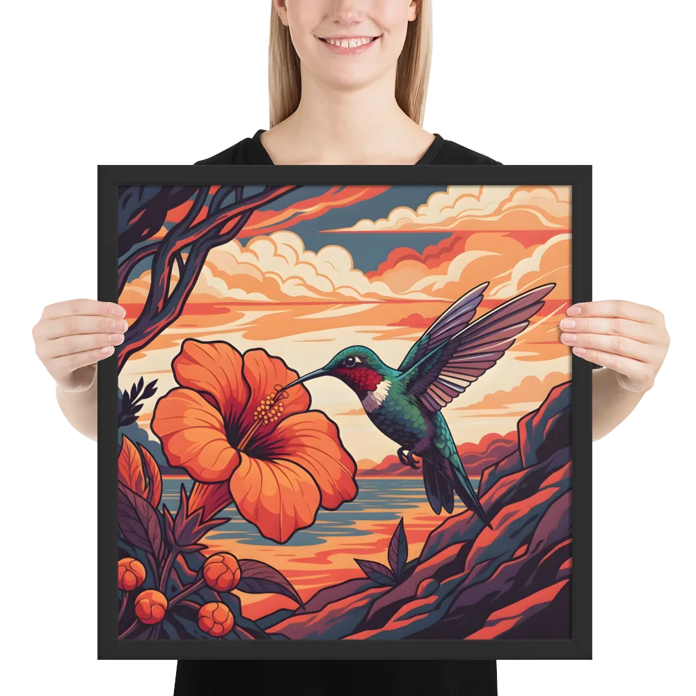 Hummingbird and Hibiscus 
 Poster with Black Frame | 18″x 18″