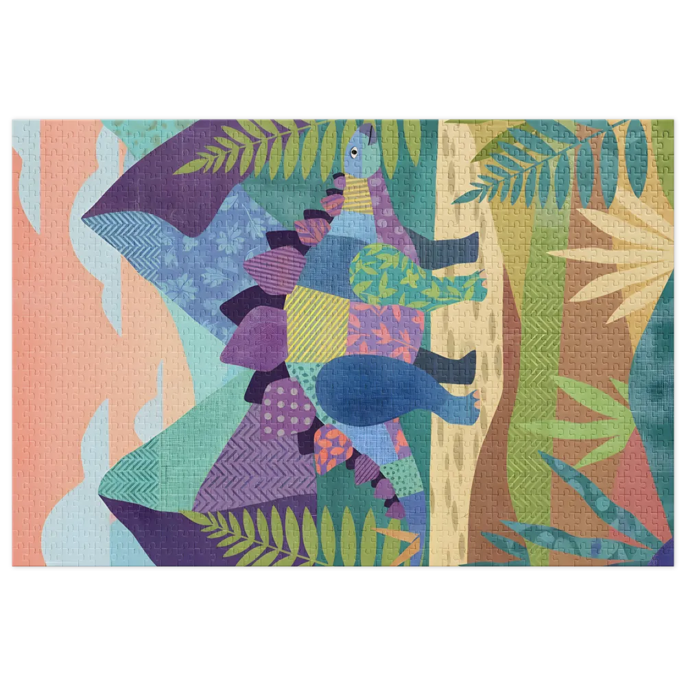 Playful Patchwork Stegosaurus 
 Jigsaw Puzzle in Tin Box
